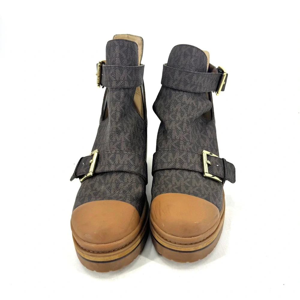 Michael Kors Brown Logo Cutout Buckle Platform Ankle Boots - Picture 3 of 7